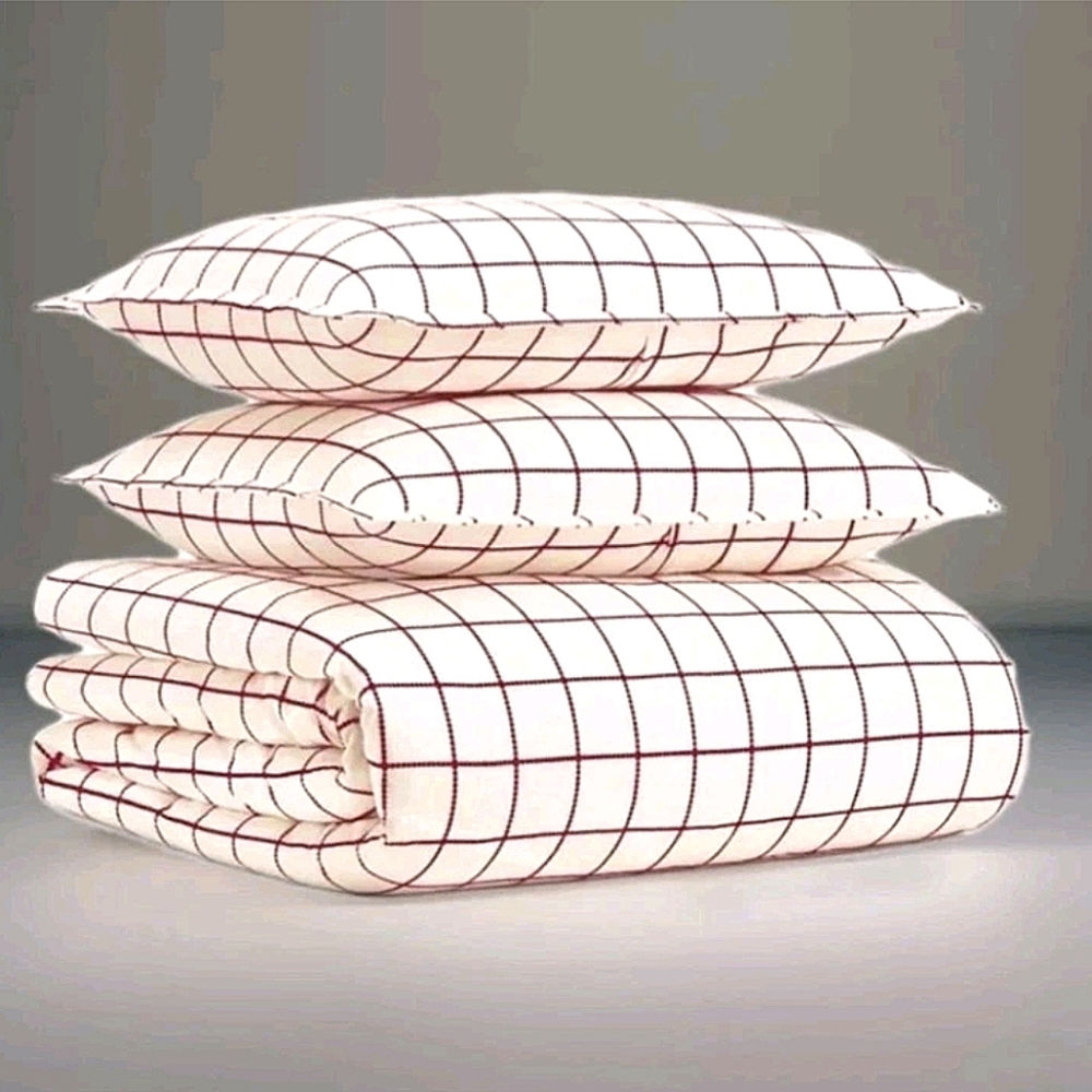Queen Duvet Cover Pillow Sham Red Cream White Plaid Bedding Standard Textile - Picture 1 of 8